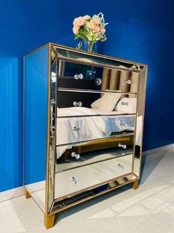 Studded Mirror Chest of 5 Drawers